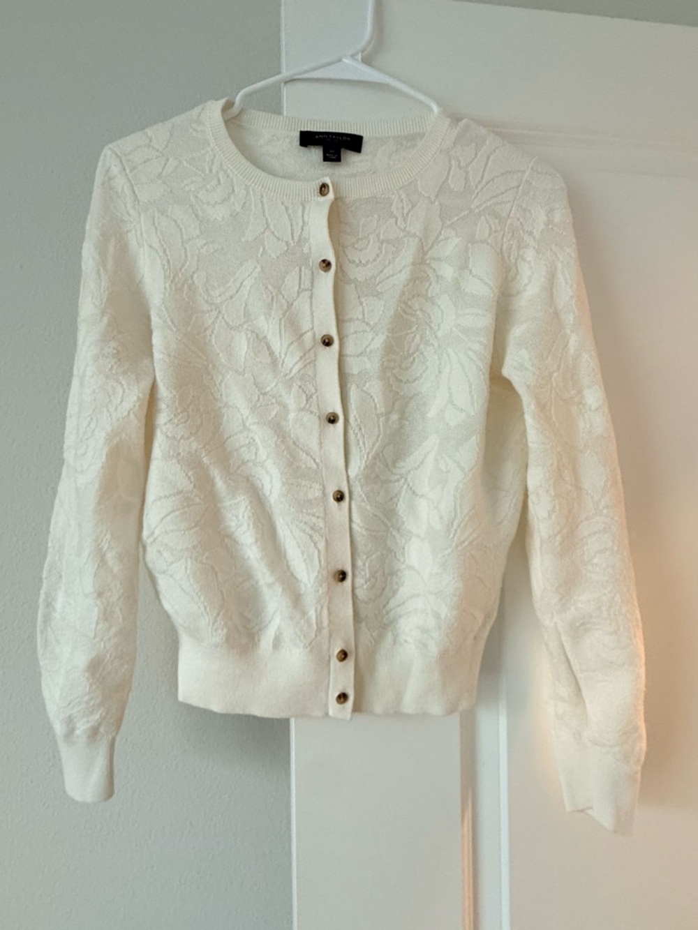 Ann Taylor Cream Floral Knit Button-Front Cardigan - Picture 3 of 8